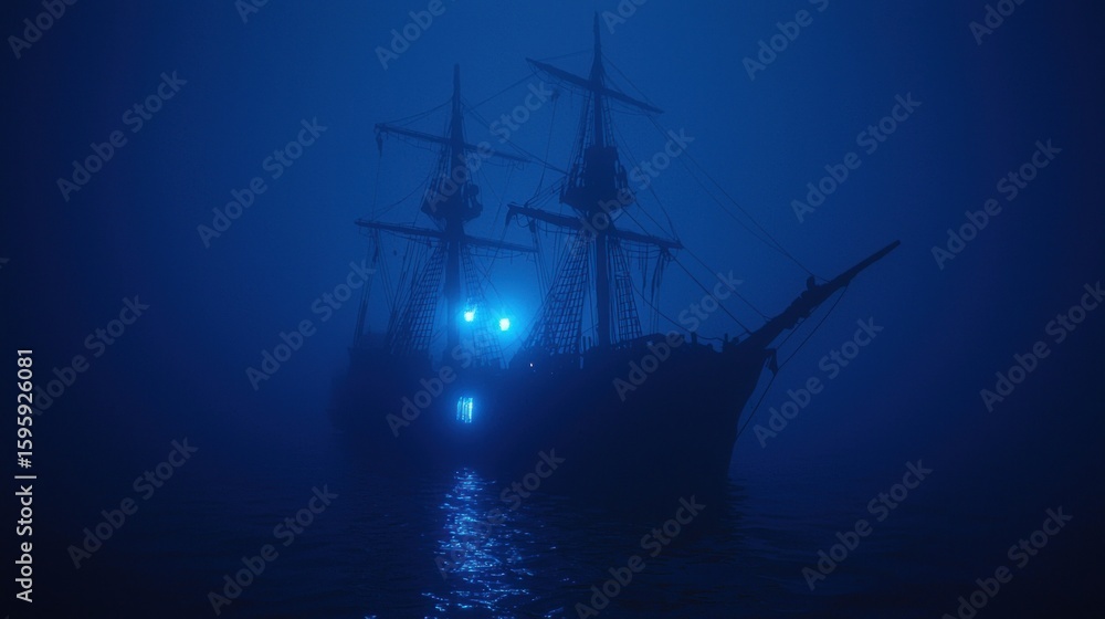 Obraz premium Mysterious ship sailing in an ocean during a dark blue night