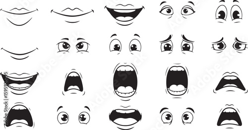 Vector art of a collection of cartoon facial expressions with eyes and mouths