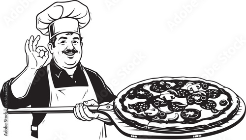Vector art of chef presenting a delicious pizza on a peel with an ok gesture