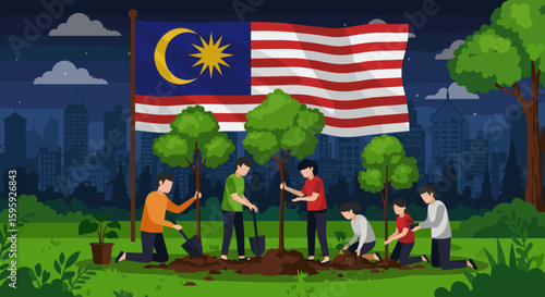 A group of people is involved in an evening tree planting event in an urban setting, with the Malaysia flag in the background, promoting environmental awareness and sustainability.
