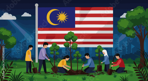 A group of people is involved in an evening tree planting event in an urban setting, with the Malaysia flag in the background, promoting environmental awareness and sustainability.