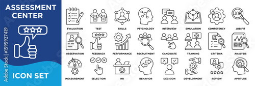 ASSESSMENT CENTER icon collection set. Containing evaluation,test,skills,psychology,interview,simulation,competency,jobfit,observation,feedback icon. Simple line vector.	
