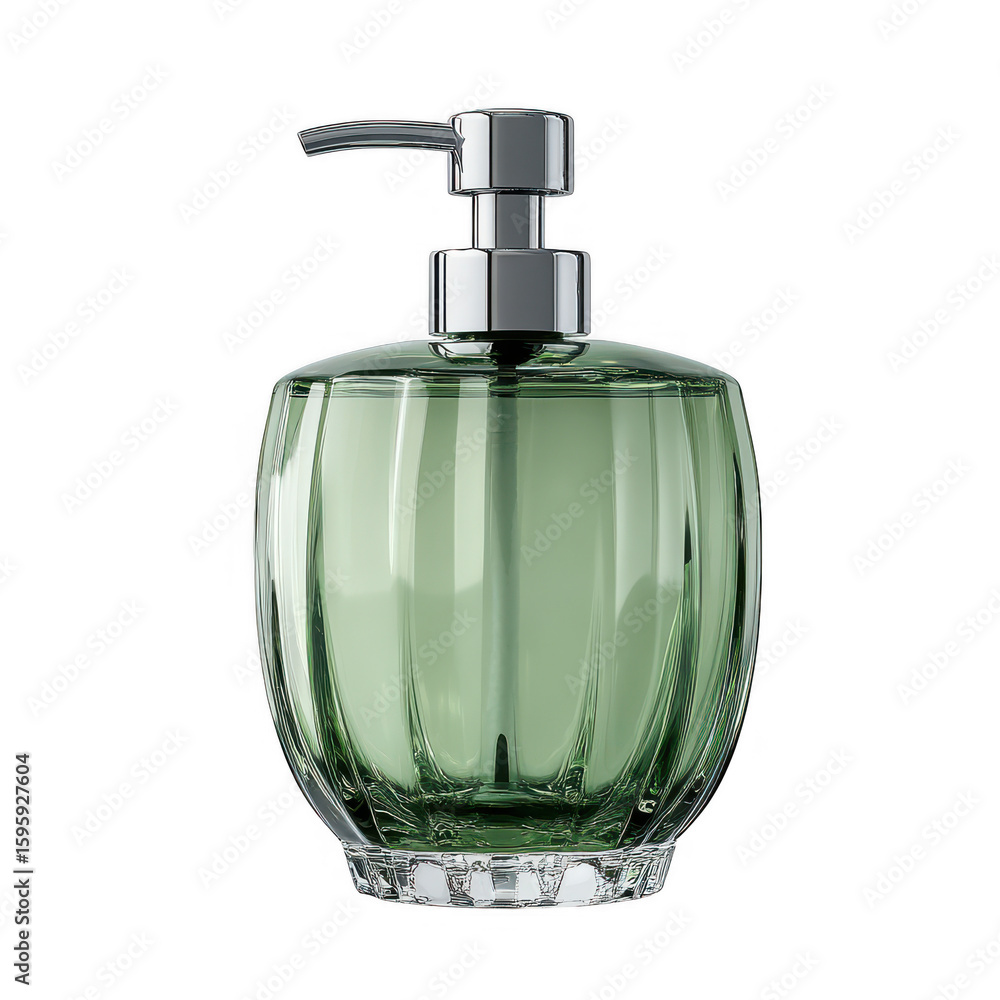 Obraz premium Elegant green glass soap dispenser with chrome pump isolated on transparent background