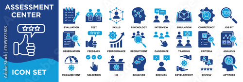ASSESSMENT CENTER icon collection set. Containing evaluation,test,skills,psychology,interview,simulation,competency,jobfit,observation,feedback icon. dual tone vector.	