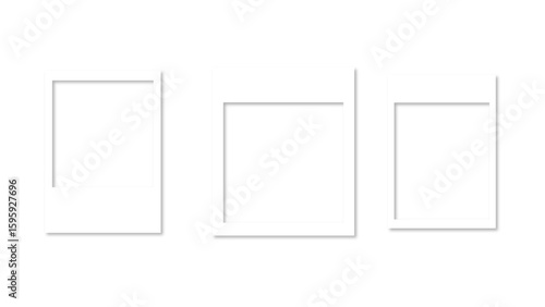 Empty white photo frame set with shadow. Retro vintage photograph with transparent adhesive tape. Digital snapshot image. Template or mockup for design. Vector illustration