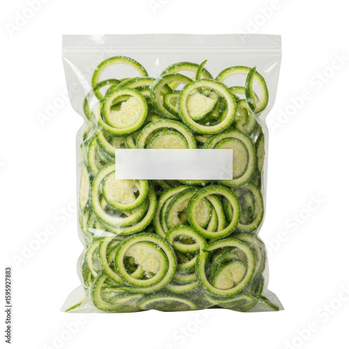 A clear plastic bag filled with frozen, spiralized zucchini slices, ready for cooking healthy meals. Ideal for food packaging or recipe concepts.