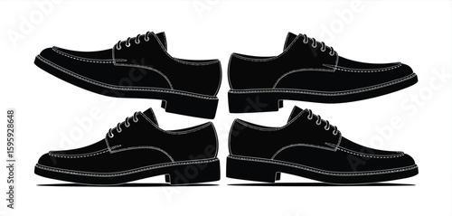 Four black leather oxford shoes arranged in a square pattern