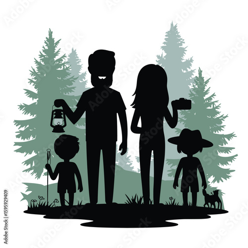 Family silhouette enjoying a camping trip in a pine forest