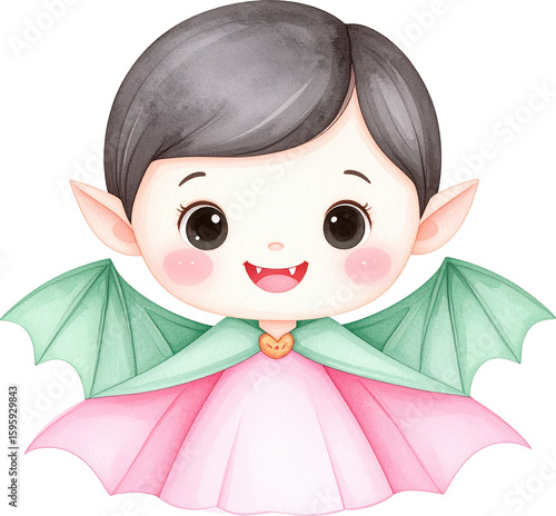 Cute cartoon vampire boy pink dress green wings watercolor illustration transparent background