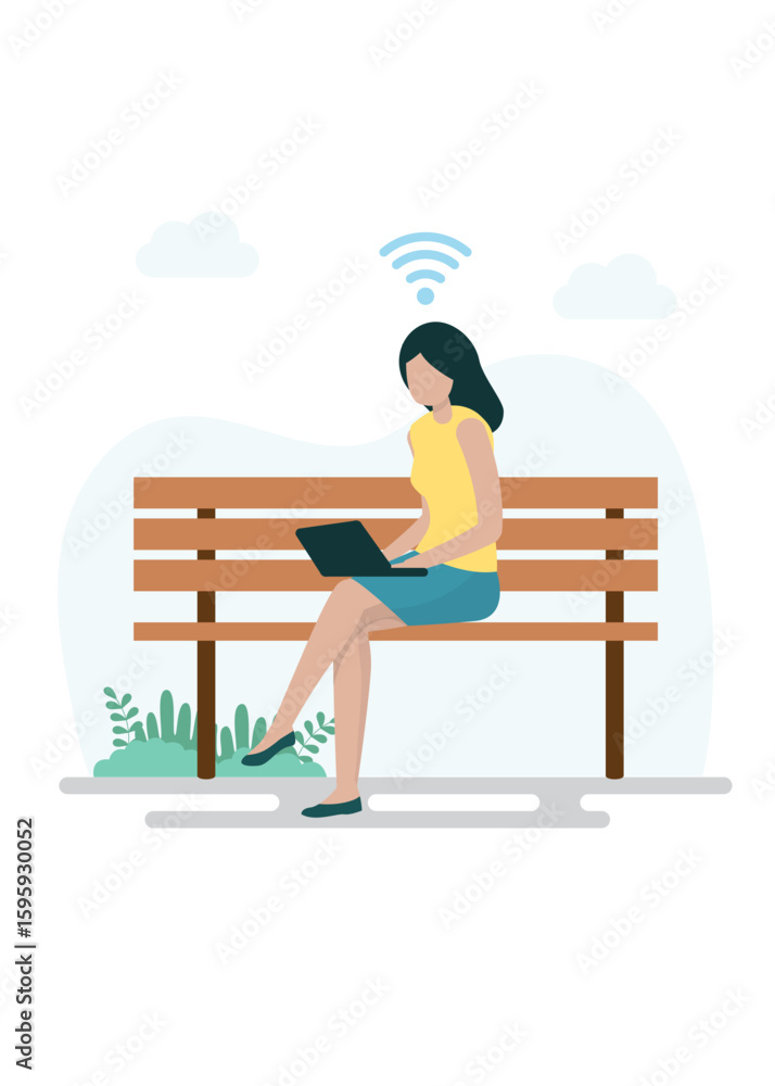 Fototapeta premium Woman sitting in a park with a laptop. Stock illustration.