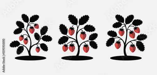 Three stylized strawberry plants with ripe red berries and dark green leaves
