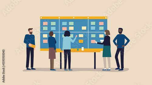 A group of people collaborating around a large board covered in colorful sticky notes in an office setting