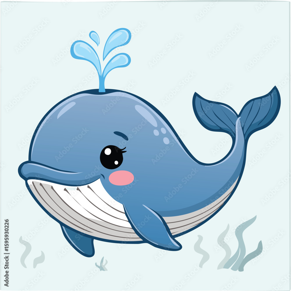 Naklejka premium Cute blue whale in kawaii-style vector illustration