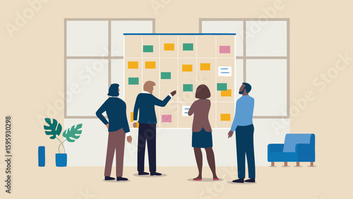 Team collaborating on a project board with sticky notes in a modern office setting indoors