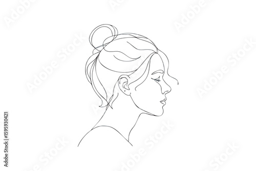 Elegant Woman Portrait in Profile with Hair Bun Continuous Line Art Style Illustration