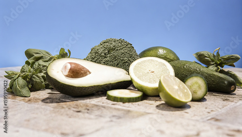 Fresh Green Power – Healthy Organic Vegetables and Fruits on Rustic Wooden Plate. A vibrant assortment of fresh green vegetables and fruits including broccoli, avocado, asparagus, lime, and leafy gree