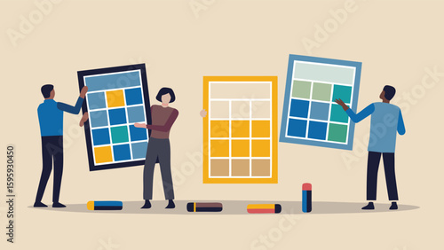 People holding up colorful grid panels with markers and eraser on a neutral background scene view
