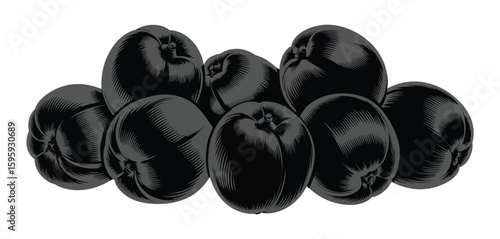 A pile of dark wrinkled dried prunes on a white background