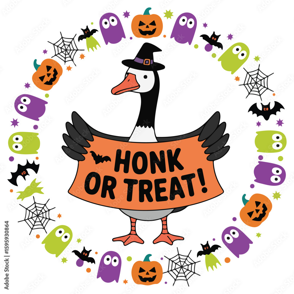 Obraz premium Honk or Treat Shirt, Halloween Spooky Goose T-shirt Vector, Retro Scary Goose Illustration, Silly Goose Halloween Clipart, Funny Animal Season Design 