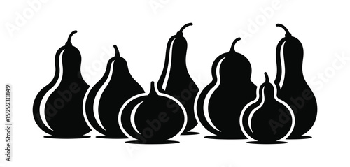 Group of various shaped gourds in silhouette against a white background