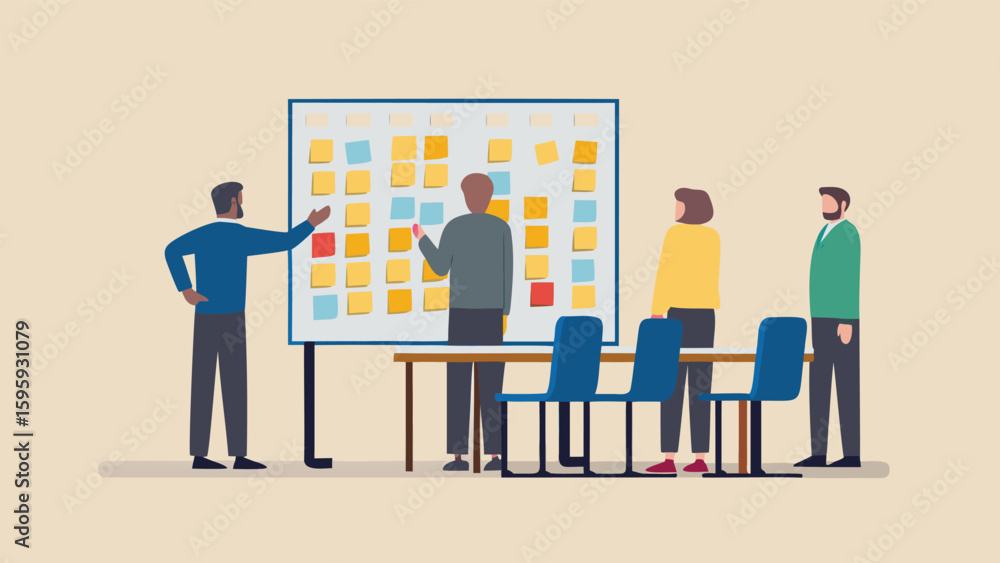 Obraz premium Team collaboration on a project with sticky notes on a whiteboard in a meeting room setting depicted