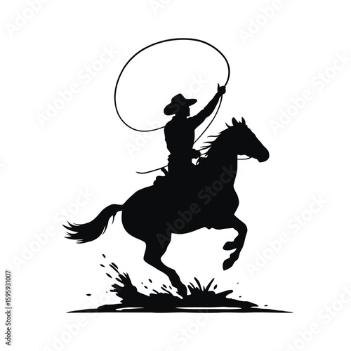 Black vector silhouette of a cowboy riding a horse, an isolated equestrian illustration