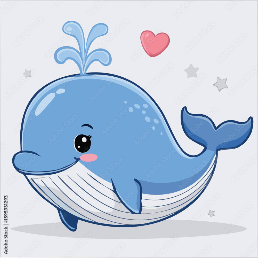 Obraz premium Cute blue whale in kawaii-style vector illustration