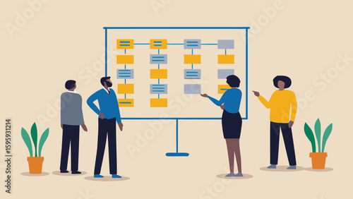 People discussing a flowchart on a whiteboard with yellow and gray boxes and blue lines shown on it