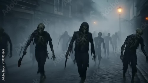 Wallpaper Mural Eerie procession of skeletal figures walking through a foggy street at night, creating a haunting atmosphere Torontodigital.ca