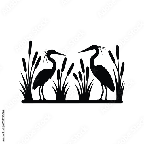 Wetland reeds and herons vector silhouette