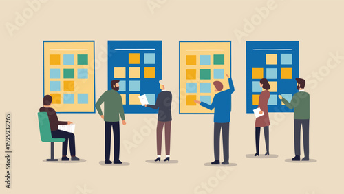 People standing and looking at boards with colored squares in a business presentation setting scene view