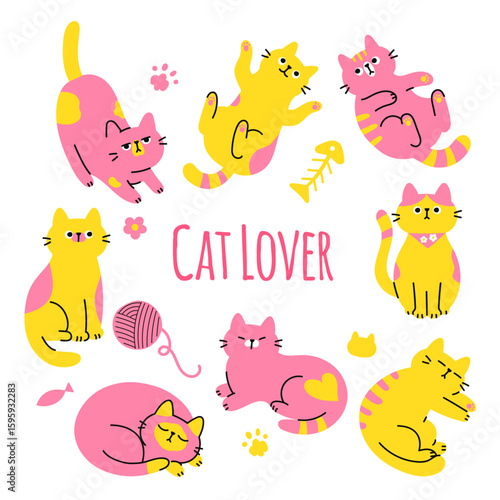 Cute Cat Vector Elements Set – 8 Playful Cartoon Poses