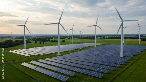 Sustainable Energy: Wind Turbines and Solar Panels in Green Field - An aerial view showcases a vast field of solar panels seamlessly integrated with several wind turbines, representing a sustainable