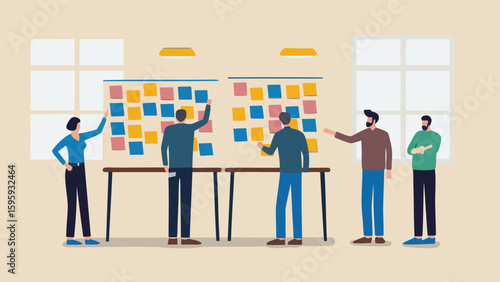 People collaborating on a project using sticky notes on a board during a brainstorming session in an office