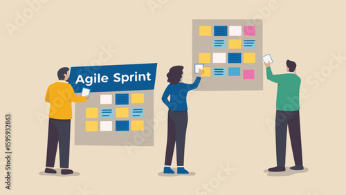 People collaborating on agile sprint with sticky notes on boards in a business environment setting