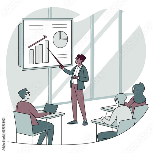 Illustration of a man presenting data at a podium with audience and graphs on a screen behind him