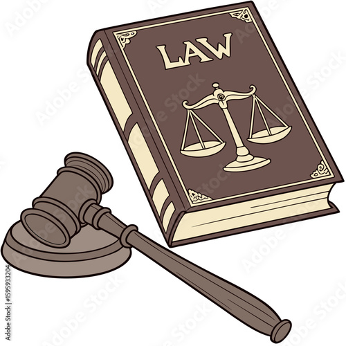 Illustration of a law book with a scale of justice and a gavel on a beige colored background