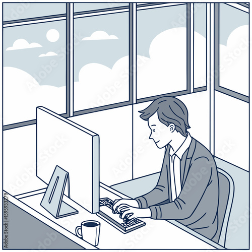 Isometric view of a person working at a desk with computer in an office cubicle with windows and board
