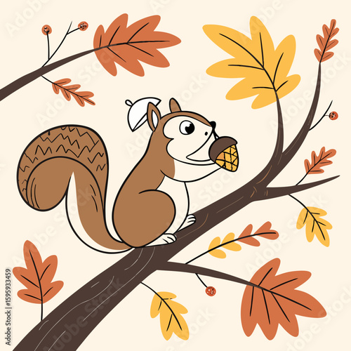Cute squirrel sitting on a tree branch holding an acorn surrounded by autumn leaves in soft colors