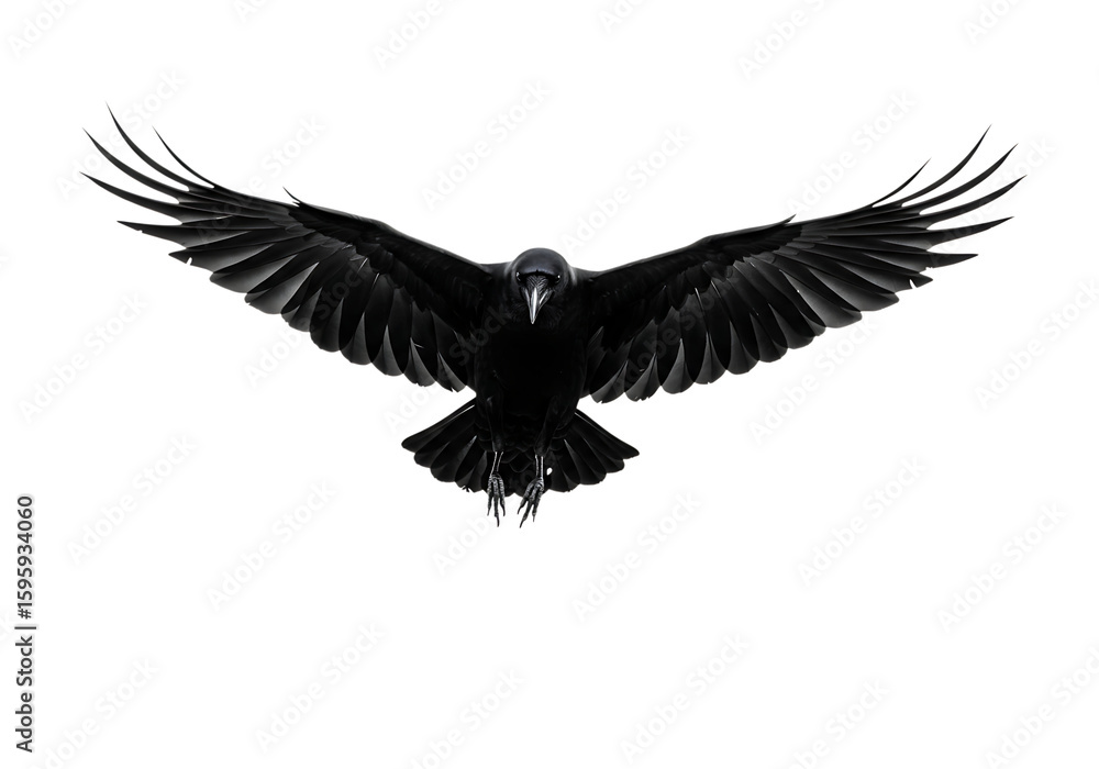 Naklejka premium A dramatic image of a black crow in flight with its wings fully extended against a black background created with generated ai