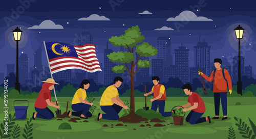 A group of people is involved in an evening tree planting event in an urban setting, with the Malaysia flag in the background, promoting environmental awareness and sustainability.