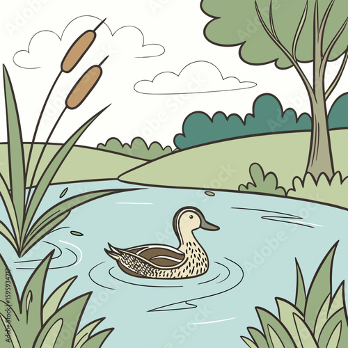 Illustration of a duck swimming in a pond surrounded by cattails, grass, trees, and clouds in the sky view