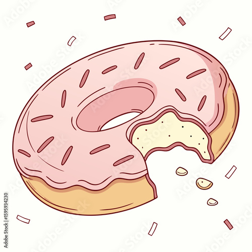 Illustration of a pink frosted donut with sprinkles and a bite taken out of it on a white background