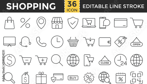 shopping line icon set. shopping cart, testimonials, shipping and delivery, fashion and more. delivery, support, payment card icons. Online shopping thin line icons. E-commerce symbols collection. Gif