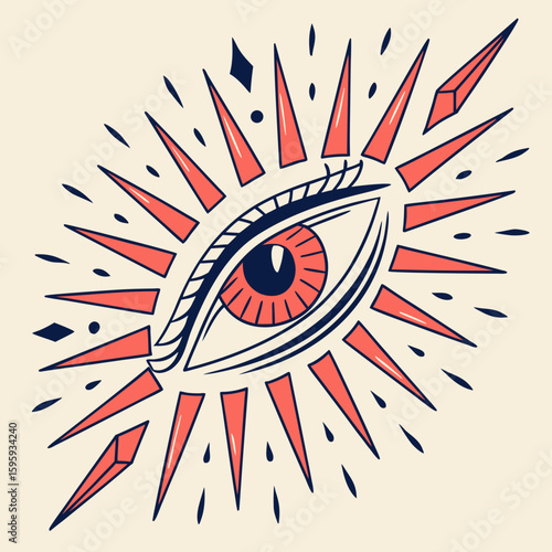 Illustration of an eye with red iris surrounded by spikes and geometric shapes on a light background