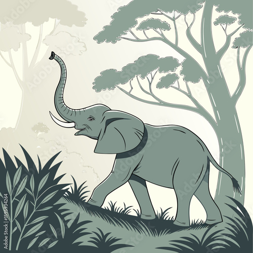 Elephant walking through a grassy area with trees in the background in a monochrome color scheme