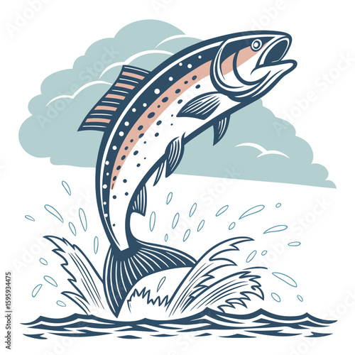 Illustration of a jumping salmon fish with pink spots and stripes over water with cloud background