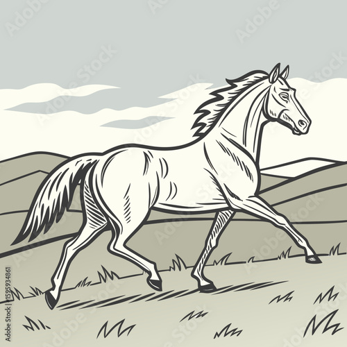 A horse galloping across a field with hills and clouds in the background in a vintage comic style art