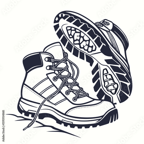 Illustration of a pair of hiking boots with laces and detailed soles against a white background style drawing