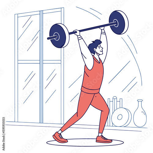 Man in red workout clothes lifting a barbell overhead in a gym with a window and weights behind him